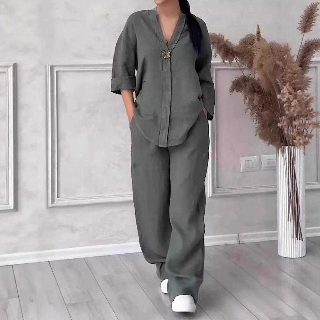 2026 Fashionable European-American Women's Cotton Linen Set: Comfortable Loose Top & Wide-Leg Pants