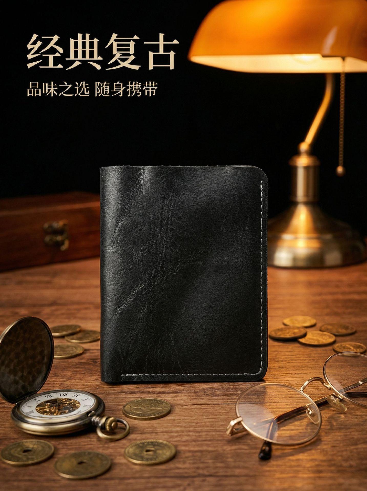 

Men s Genuine Leather Short Wallet Vintage Hand-Rubbed Travel Wallet with Multi-Card Slots, Organizer Bag for ID & Credit Cards чёрный