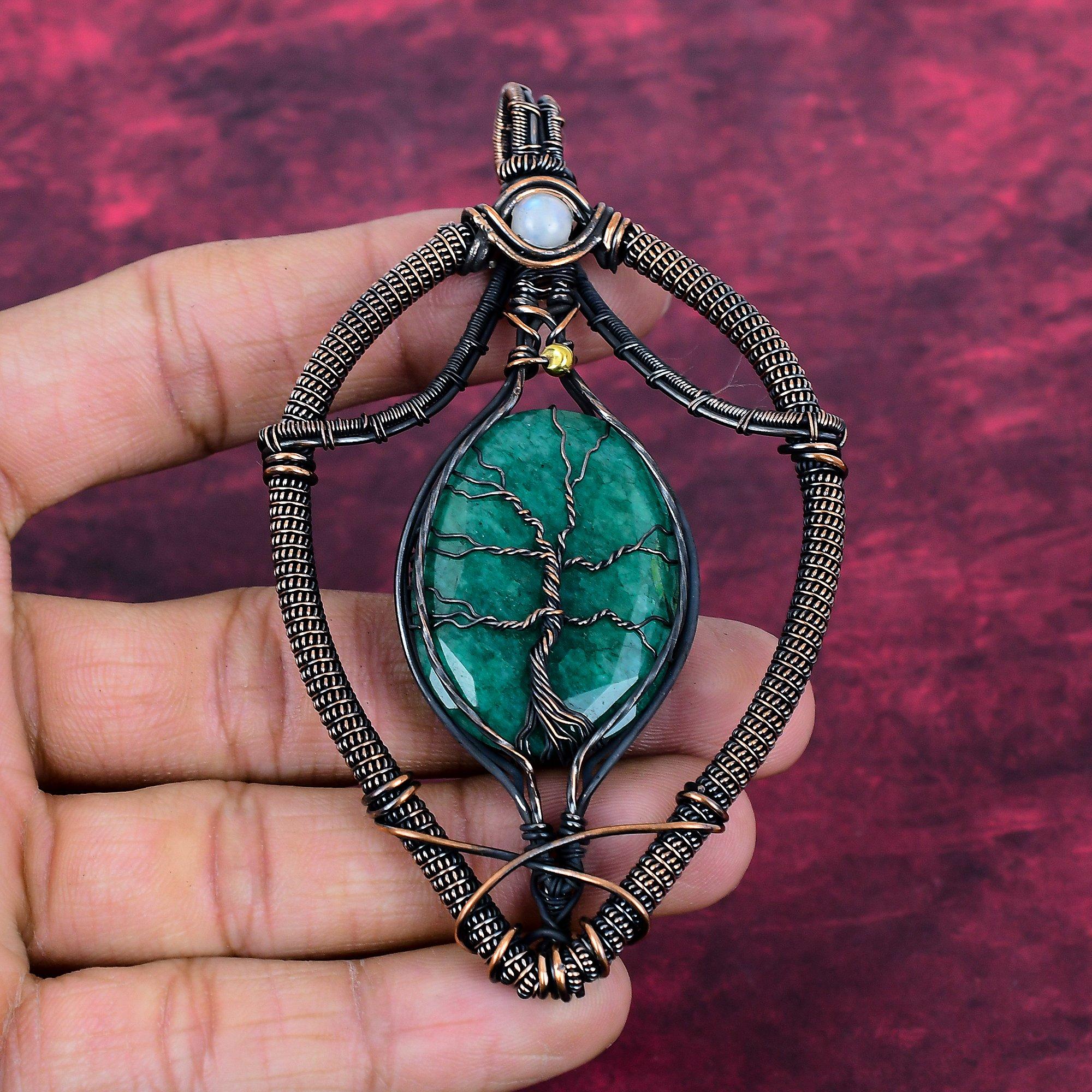 Tree Of Life Faceted Zambian Emerald Pendant Rainbow Moonstone Jewelry Copper Wire Wrapped Pendant