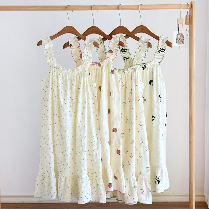 Women's Polka Dot Cotton Gauze Nightdress - Summer Sling, Mid-Length, Sweet & Lovely Pajamas