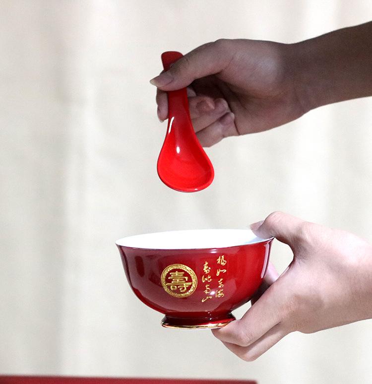High-Temperature Underglaze Porcelain Longevity Bowl with Chopsticks and Spoon - Ideal Gift for 80th Birthday