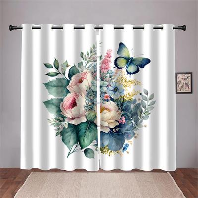 Wunderschöne Schmetterling Rosenblume Grünes Blatt Vorhänge 2 Paneele Modernes Zuhause Ländlicher Stil Wohnzimmer Schlafzimmer Balkon Dekor Vorhang