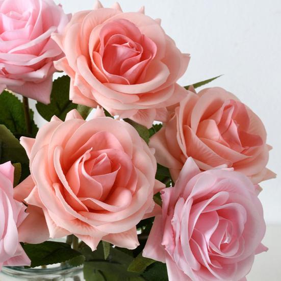 Artificial Rose with Green Leaves Realistic Fake Flower Stem Home Office Wedding Party