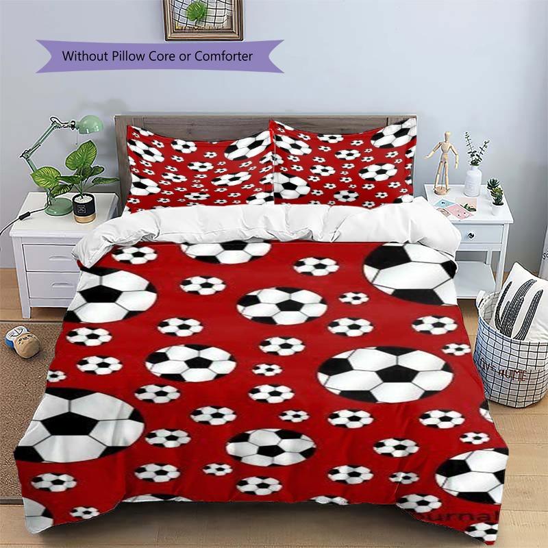 Black White Soccer Ball Pattern Red Background Print 3 Pieces Duvet Cover Set Football Sports Bedding Bedroom Home Decor Without Pillow Core Comforter