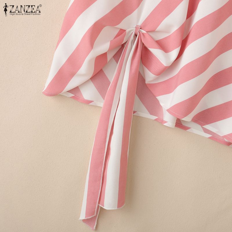 ZANZEA Blusa informal de verano con cuello en V y manga corta a rayas para mujer