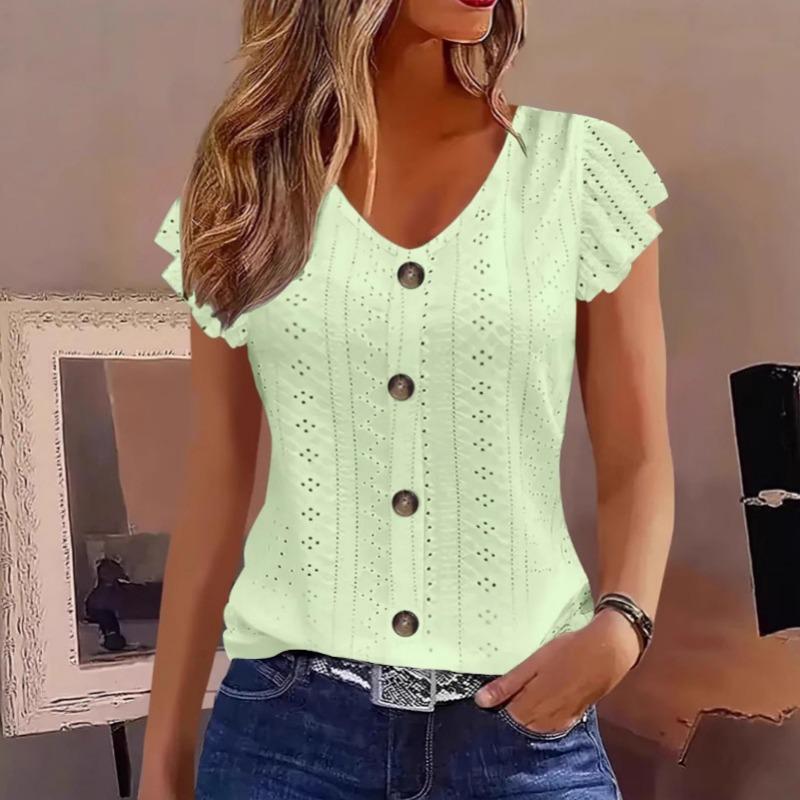 New Summer Jacquard V-neck Lace Blouse Women Solid Color Buttons T-shirt Short Sleeve Casual Top Fashion Woman Sweet Simple Elegant Shirts Loose