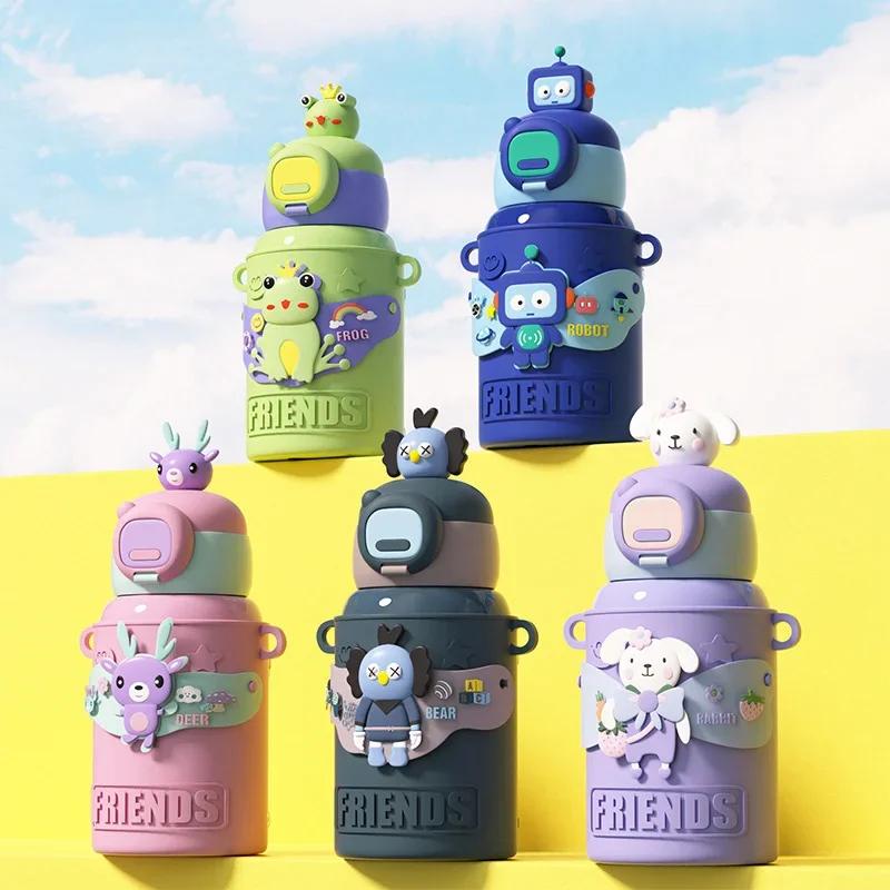 450ml Nerezová Izolovaná Láhev Kreslená Vakuová Termoska Hrnek pro Studenta Silikonový Obal Termoska Hrnek Láhev na Vodu Dětský dárek