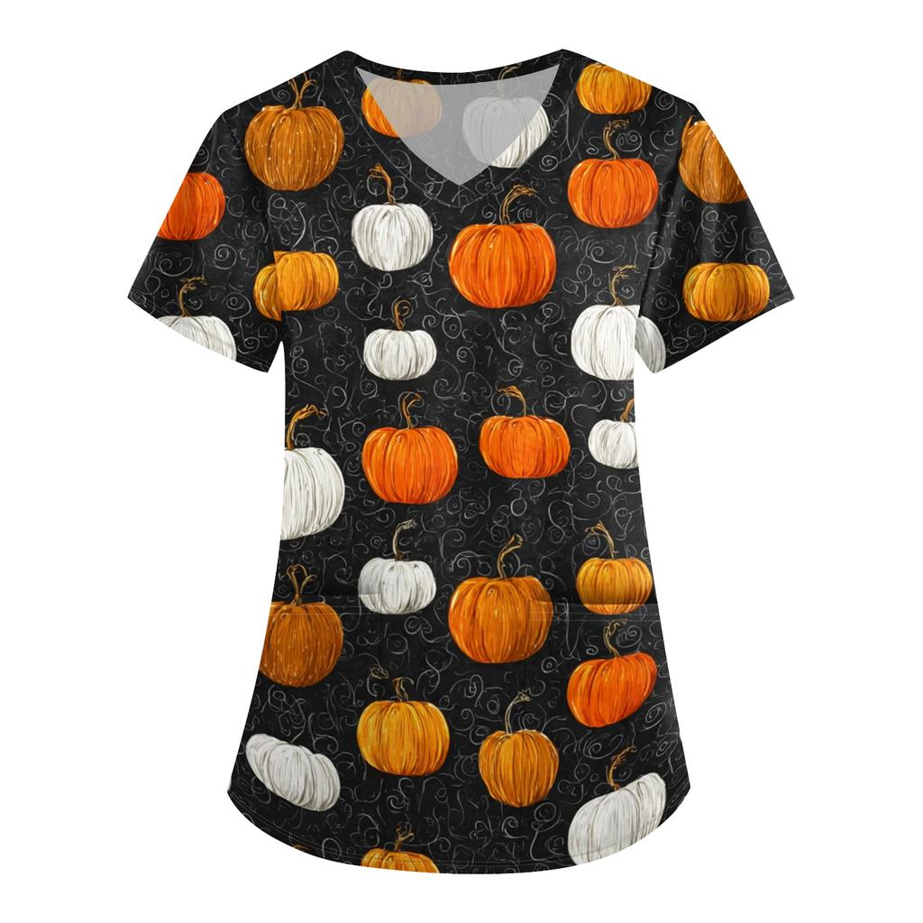 Women Halloween Print Loose Fit V Neck Short Sleeve Scrub Top with Pockets for Healthcare Professionals Comfortable Workwear