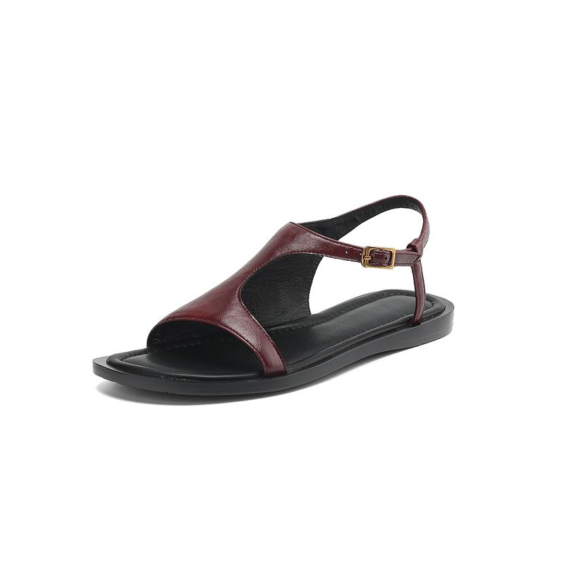 

Fashion NEW Summer Women Sandals Split Leather Shoes for Women Open Toe Low Heel Shoes Concise Gladiator Sandals Retro Handmade Shoes 40 вино красного