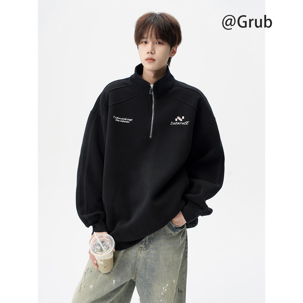 Unisex Embroidered Half-Zip Hoodie: Autumn Retro Heavyweight Sportswear L