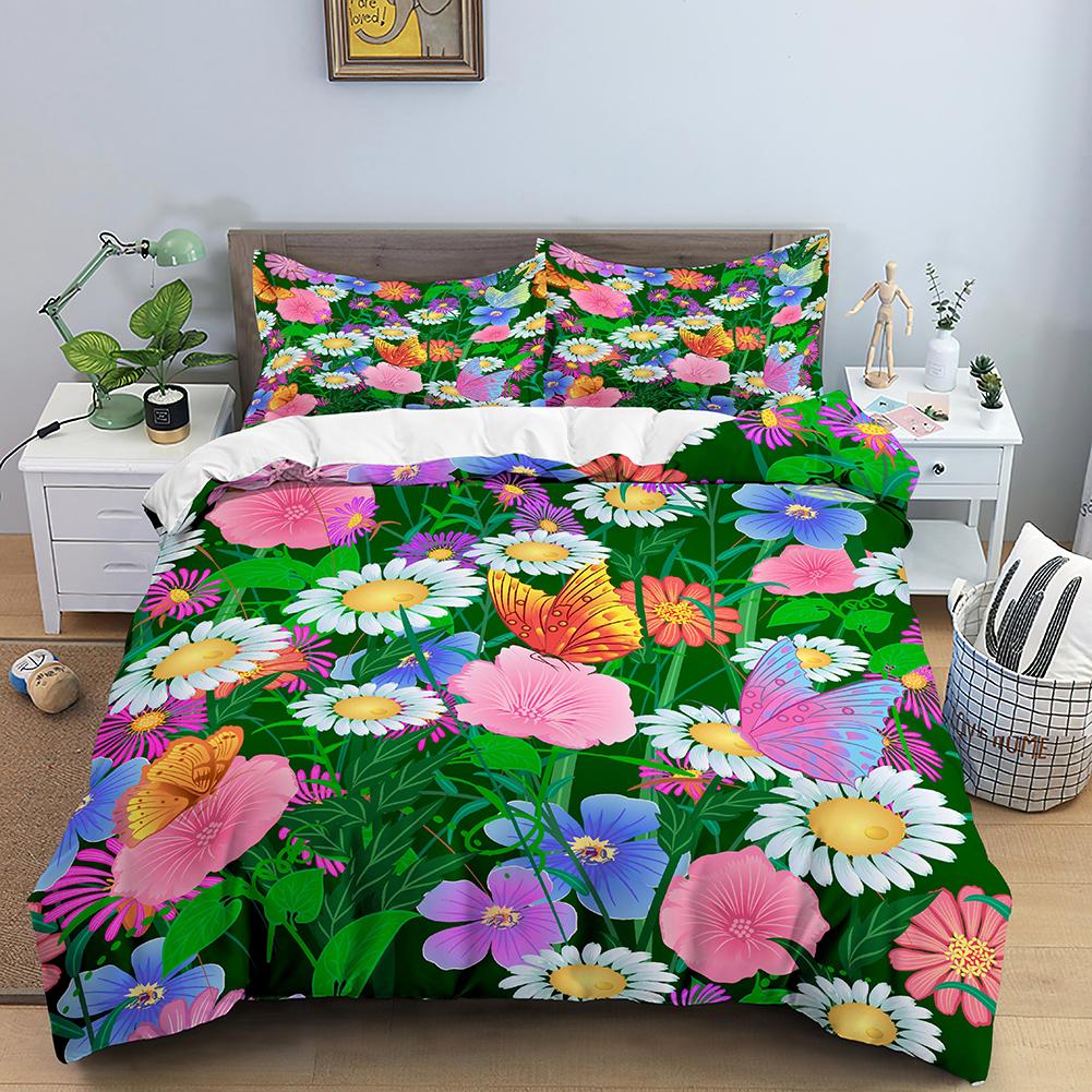 Daisy King Queen Duvet Cover Flowers Butterfly Bedding Set For Kids Teens Adults White Floral Theme 2/3pcs Polyester Quilt Cover