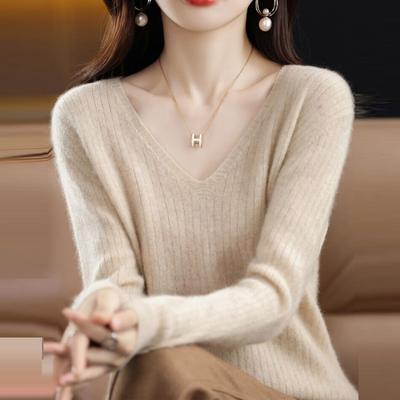 Slim Fit Pullover für Damen, Pullover, Bodenbildung, Oberteile, Herbst und Winter, neuer Strickpullover mit V-Ausschnitt, lange Ärmel, einfarbig, Strickwaren, Kleidung 28502
