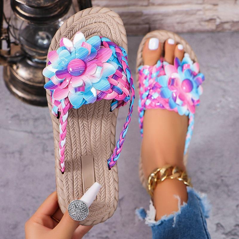 Large size flower toe women's cool slippers summer new hollow woven beach slippers
