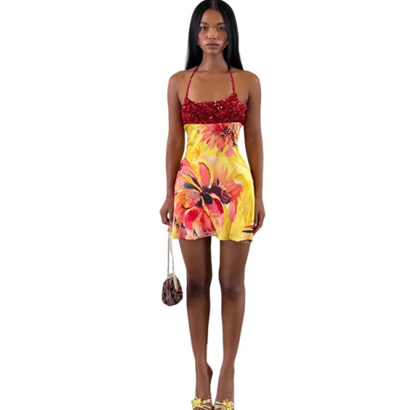2026 European and American Floral Print Pendant Collar Casual Sexy Off-the-shoulder Slim-fit Dress Women