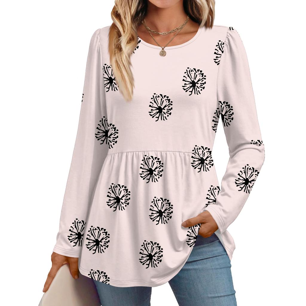 Women's Casual Fashion Long Sleeve Shirt Floral Printed Tunic Top