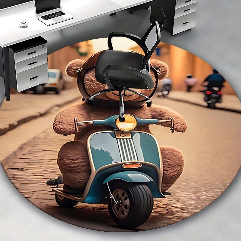 1pc Teddy Bear On Scooter Round Carpet - Anime Design, Office Chair Mat, Non-Slip Rug, Seasonal Gift, Suitable for Home Decor, Living Room, Bedroom, G
