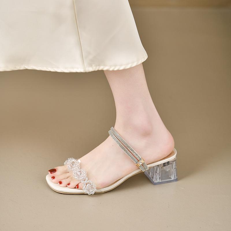 Fashion 2025 Summer New Arrival Women's Crystal Rhinestone Chunky Heel Sandals - Stylish Open Toe Mules for  Dresses & Casual Outfi
