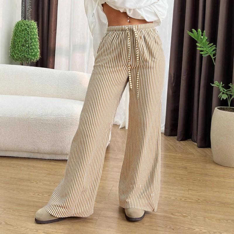 Womens Striped Wide Leg Pants With Drawstring Waist Elastic High-Waist Loose Fit Casual Trousers 2025
