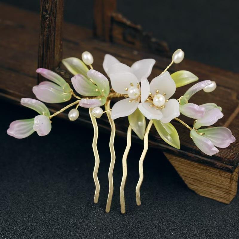 Vintage Flower Hairpin Elegant Chinese Style Glass Flower Hair Comb For Women Girls Exquisite Fairy Metal Hair Accessories 1pc