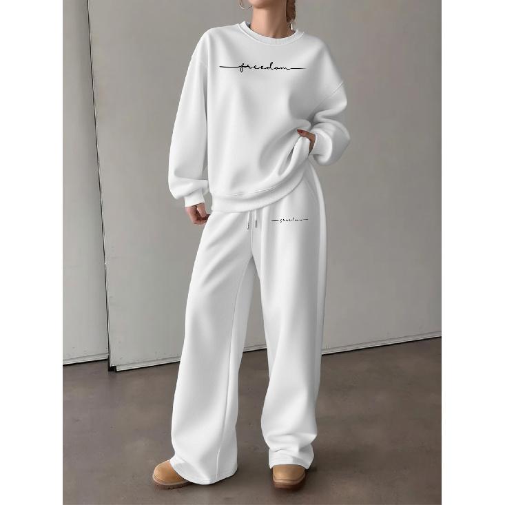 Women's Crewneck Sweatshirt & Drawstring Straight-Leg Pants 2-Piece Set Printed Casual Lounge Set for Fall & Winter | Minimalist Everyday Outfit