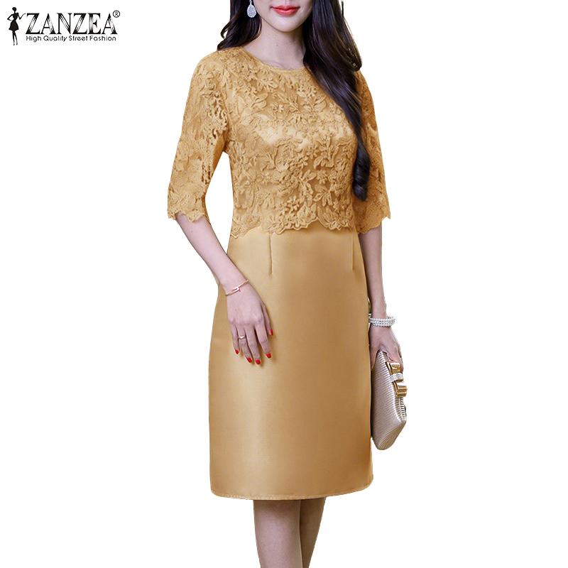 

ZANZEA Women Casual Round Neck 3/4 Sleeve Elegant Embroidery Patchwork Dress S хакі