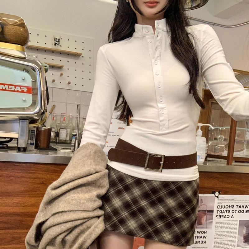 Women s Winter 2026 White Slim-Fit Henley High-Neck Long-Sleeve Top L белый