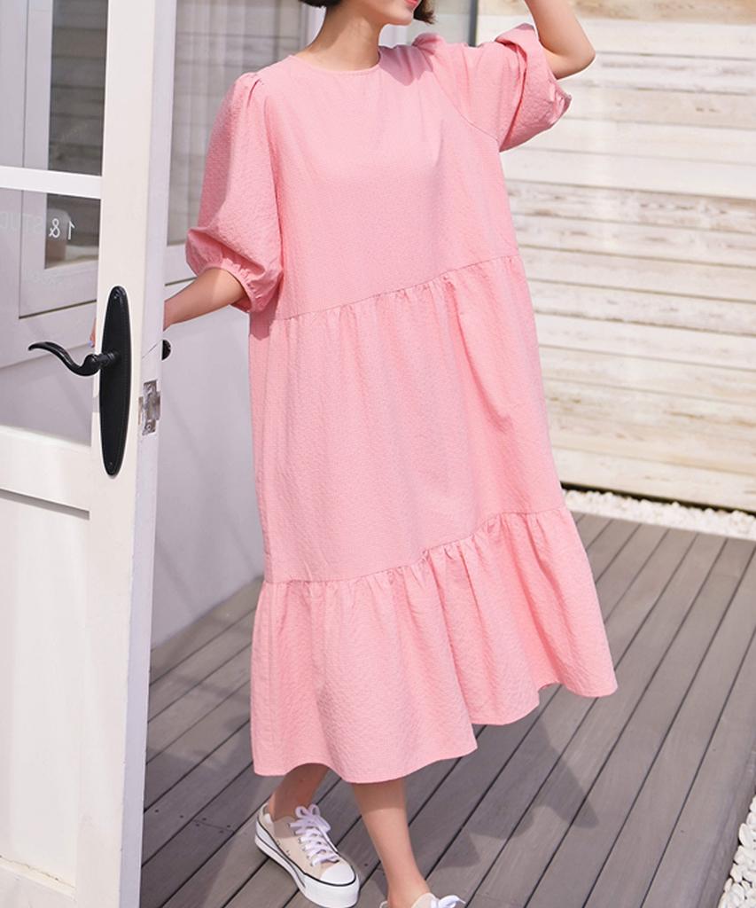 Ppaeppae Small Check Puff Sleeve Tiered Long Dress