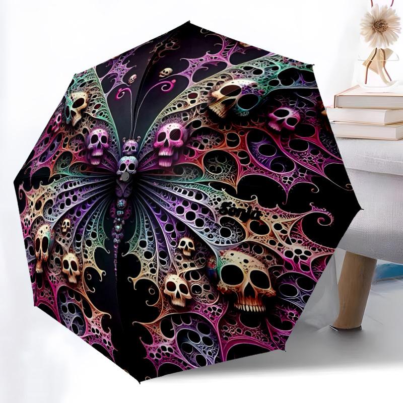 1pc Skull Butterfly Automatic Folding Umbrella, Lightweight Retractable Compact Travel Umbrella, 8-Rib Sturdy Frame039