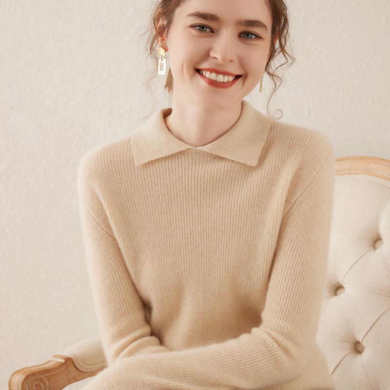 Women's Slimming Versatile Cashmere Polo Neck Pullover with Slit Lapel and Long Sleeves