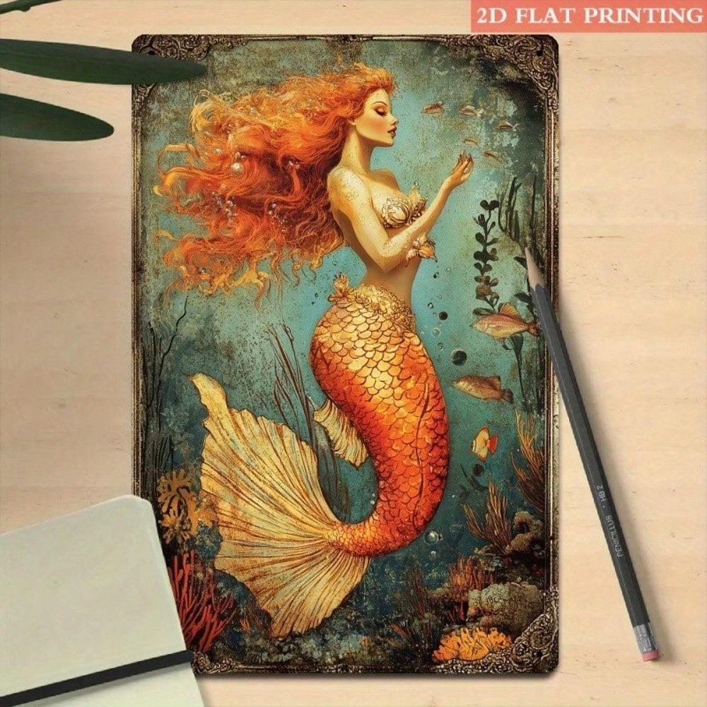 Vintage Tin Metal Mermaid Wall Art Bathroom Decor Ocean Fantasy Sign