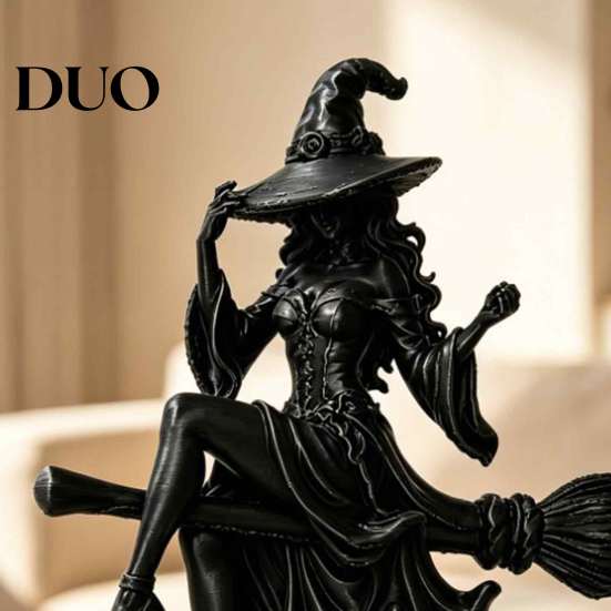 Dark Aesthetic Desk Accessory Gothic Witch On Broom Statue, 3D Printed Spooky Tabletop Figurine for Unique Gift Her Home Party, Black Halloween Decor