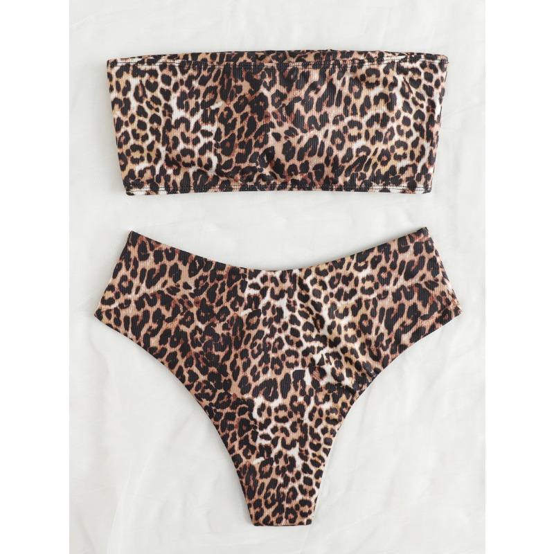 Bikini a Fascia Stampa Leopardo Gradiente Blu Costume da Bagno Due Pezzi a Coste Taglio Alto