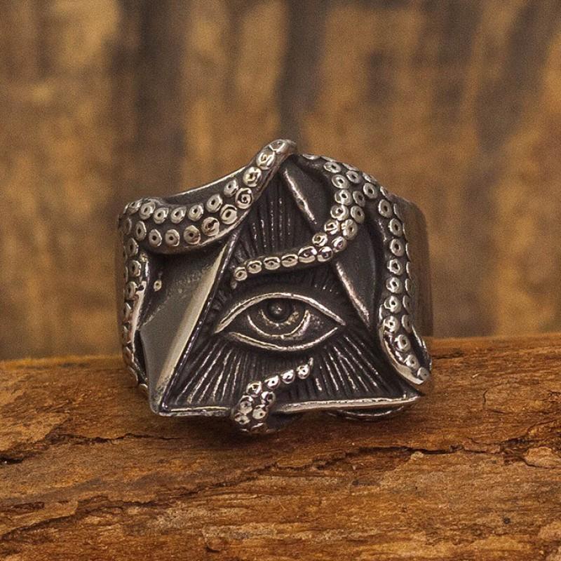 Adjustable Open Ring With All-Seeing Eye Motif Sterling Gothic Punk Retro Unisex Finger