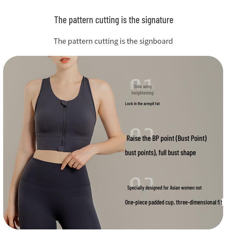 Stötsäker sport-BH i plusstorlek: Dragkedja fram, Justerbar, Vacker ryggdesign för löpning, yoga och fitness