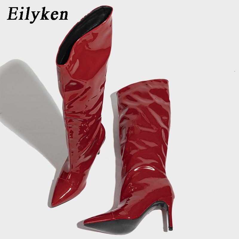 Eilyken Patent Leather Women Knee High Boots Thin Heels Stilettos Nightclub Runway Pointed Toe Shoes Botas Mujer