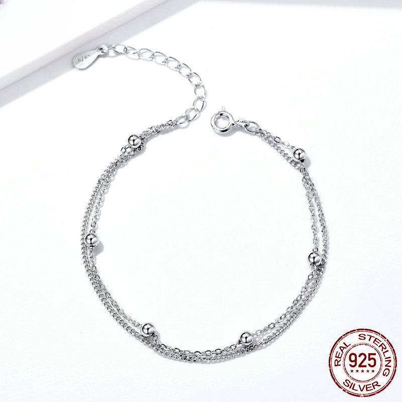 New Beaded S925 Sterling Silver Bracelet for Women Korean Fashion Electroplating Adjustable Simple Silver Bracelet