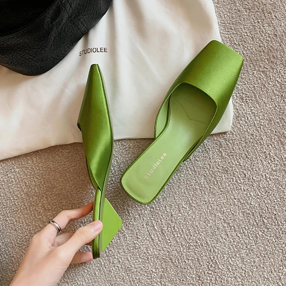 Fashion Luxury Satin Design Mules Shoes for Women Summer Sexy Square Head Strange Low Heel Slide Sandals Elegant Comfort Dress Slippers