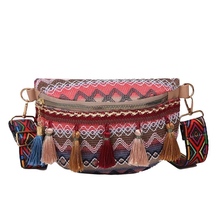 WTEMPO Ethnic Style Embroidered Tassel Waist Bags Casual Versatile Zipper Crossbody Single Shoulder Bags