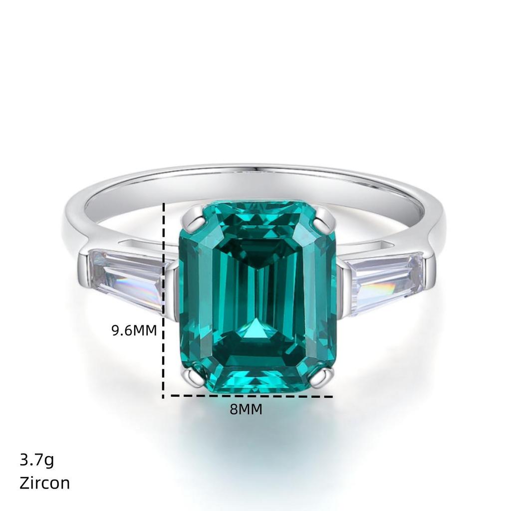 Jiu Mei Emerald Cut Zircon & High Carbon Diamond Ring In S925 Sterling Silver