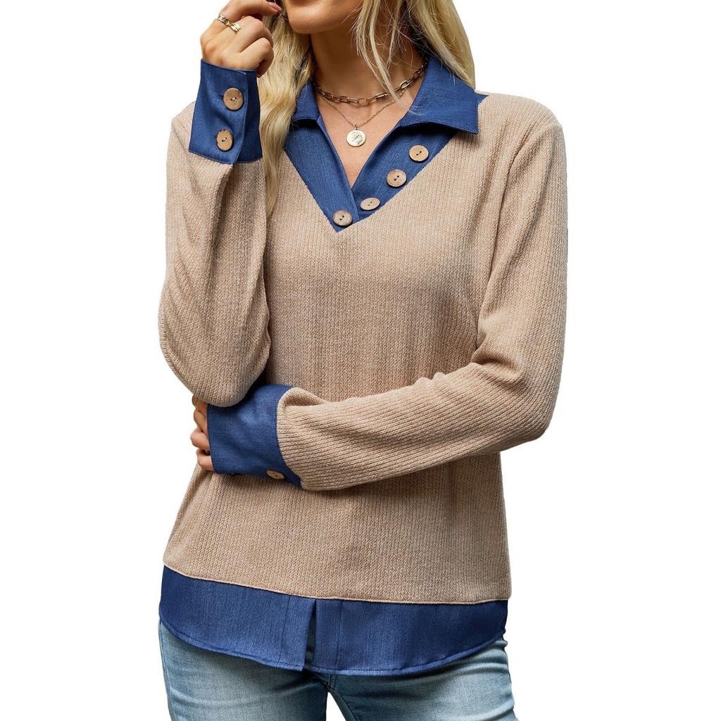 Women's Faux Two-Piece Denim Lapel Sweatshirt with Color Block and Button Front