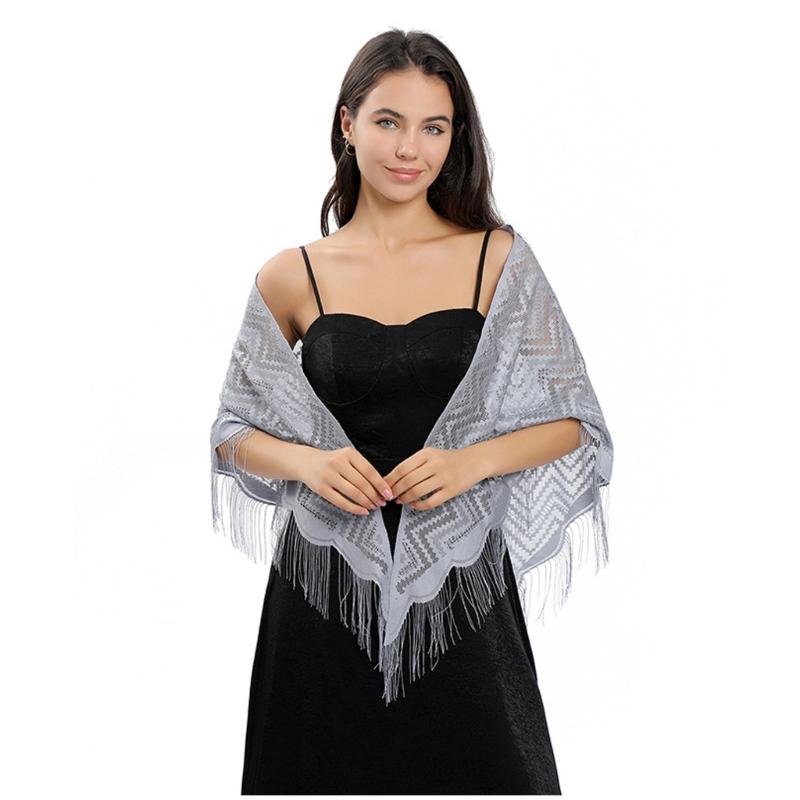 Women's Triangle Lace Shawl with Tassels Waved Shoulder Wrap Shawl Scarf for Bridal Gowns and Evening Parties