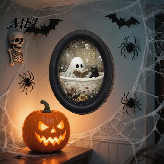 Easy Install Adhesive Wall Sign Halloween Gothic Oval Wooden Hanging Plaque, Vintage Framed Black Cat Little Party Background Ghost Sign, Waterproof