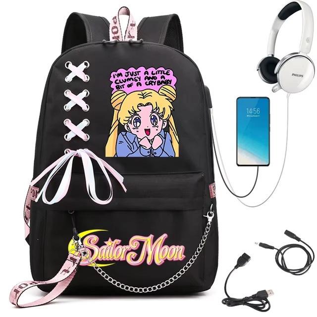 Sailor Moon Printed Student Backpack Ribbon Shoulder Bag Girls School Travel Backpack Large Capacity School Bag