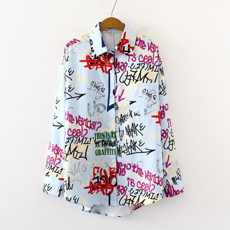 Street Style Letter Graffiti Printing Shirt Spring Summer 2025 Turn-down Collar Long Sleeve Loose Cardigan Tops Women's Clothing