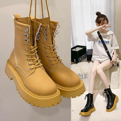 Botas acordonadas estilo británico ruibarbo, botas de trabajo, botas Martin para exteriores, botas de motocicleta planas de cabeza grande delgadas para mujer