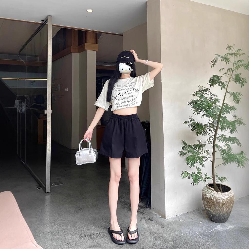 Pantaloni scurți casual de vară 2025 pentru femei, cu talie înaltă, cu picior larg, de lungime medie, pentru ținute de lucru, mărime petit.