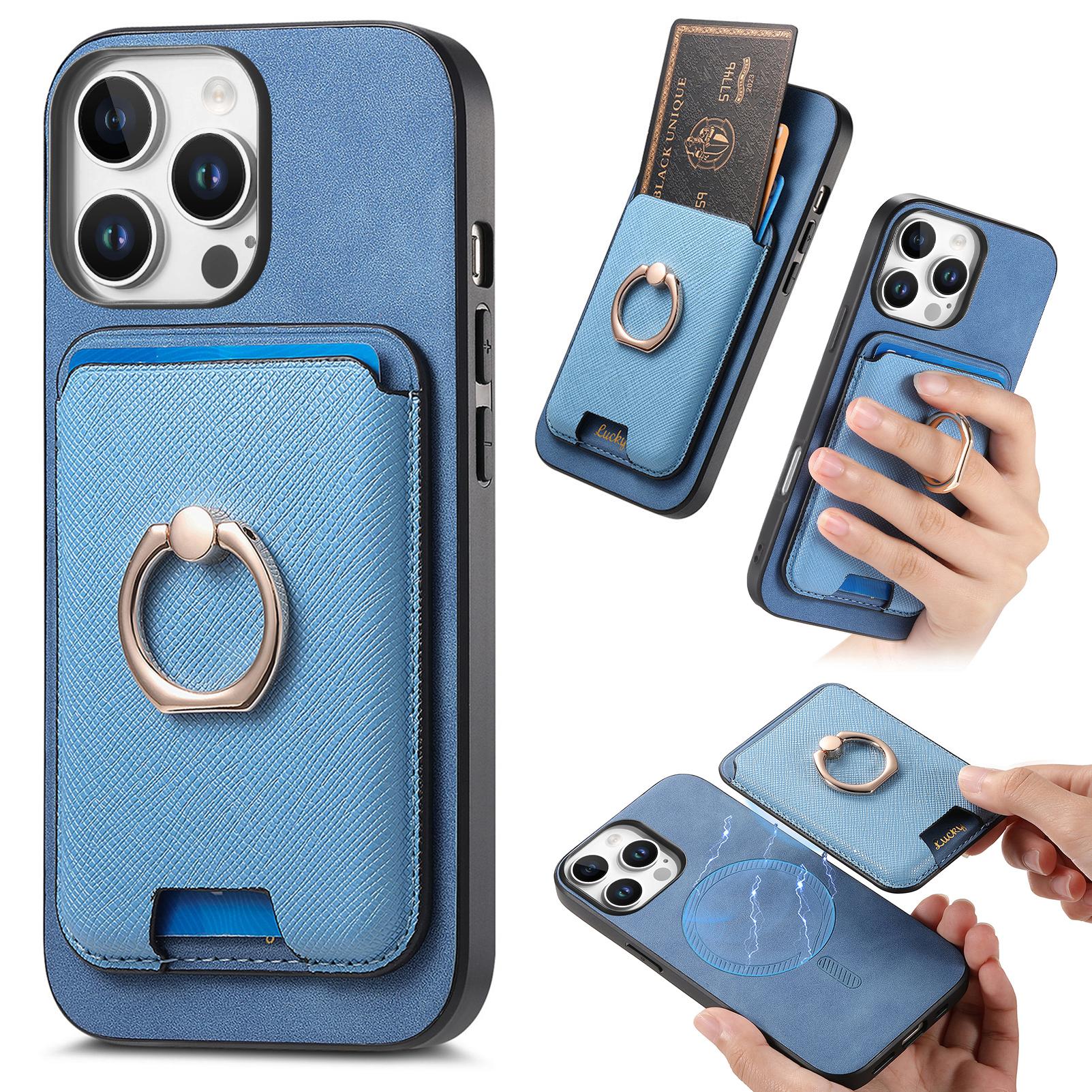 

For iPhone 16 Pro Max Magnetic Case Leather+TPU Phone Cover Detachable Card Bag Blue