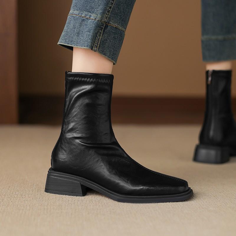 Retro Simple Square Head Rear Zipper High Thick Heel Short Tube Fashion Short Boots Children's New Autumn Black Brown