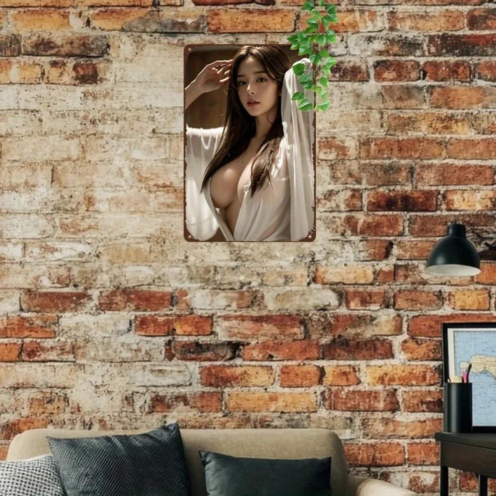 Anime Girl Metal Wall Art 8x12 Inch Retro White Lingerie Design Green Leaves Home Decor