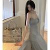 [Sexy Pure Desire] Lace-up Light Gray Slim-fitting Waist Version Long Suspender Dress Women